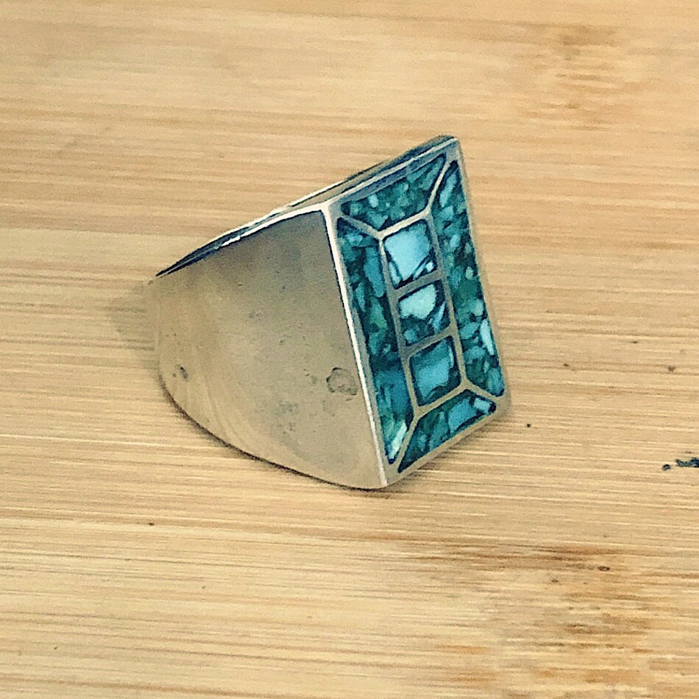 $87 Southwest Mosaic Turquoise Estate Ring Sterling Size 9 & 1/2 No Mark - Picture 2 of 9